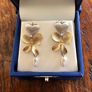 Silver Heart/Gold Leaf Earrings with Pearl Drops